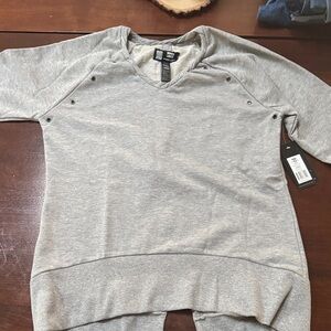 Light Gray Women's Pullover Sweatshirt with V-Neck and Rivet Detail - Open back
